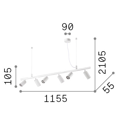 Lustră pendul Dynamite SP6 rotund, alb – desen tehnic cu dimensiuni