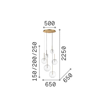 Lustră pendul Equinoxe SP6, alamă – desen tehnic cu dimensiuni