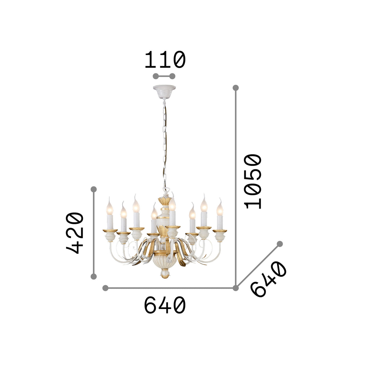 Lustră pendul Firenze SP8, alb – desen tehnic cu dimensiuni