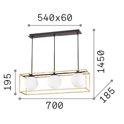 Lustră pendul Lingotto SP3, negru – desen tehnic cu dimensiuni