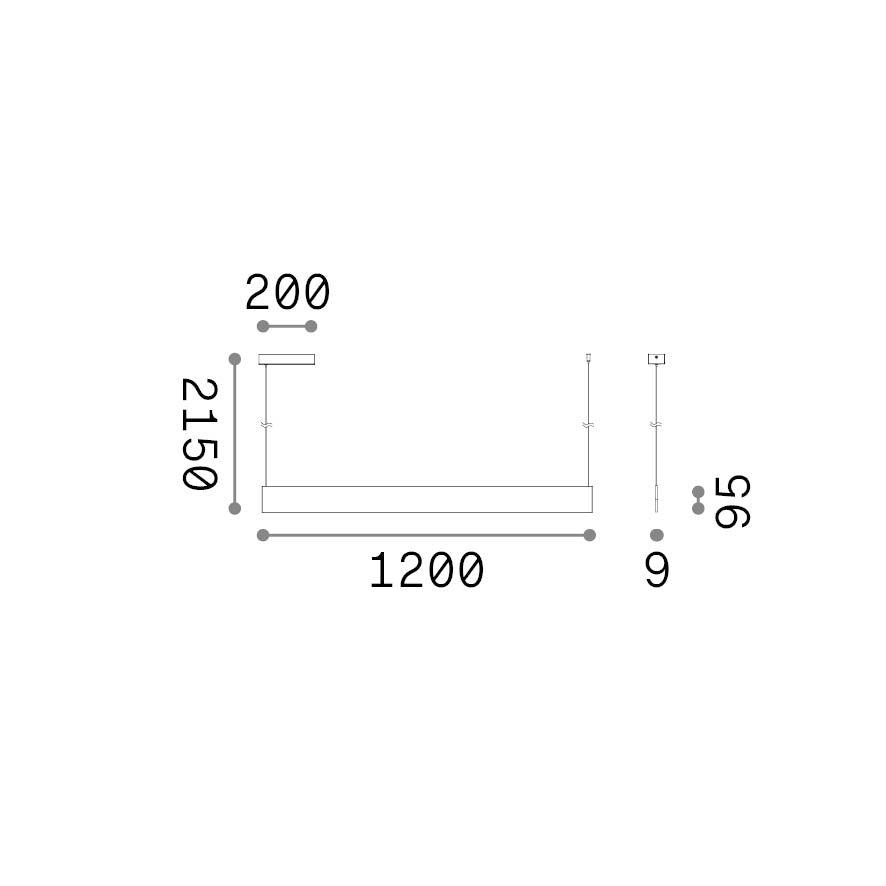Lustră pendul liniară Steel SP1 D09 mono-emisie fascicul larg 3000K, negru – desen tehnic cu dimensiuni