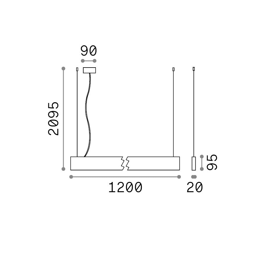 Lustră pendul liniară Steel SP1 D20 mono-emisie fascicul larg 4000K, negru – desen tehnic cu dimensiuni