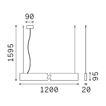 Lustră pendul liniară Steel SP2 D20 bi-emisie fascicul larg 4000K, negru – desen tehnic cu dimensiuni