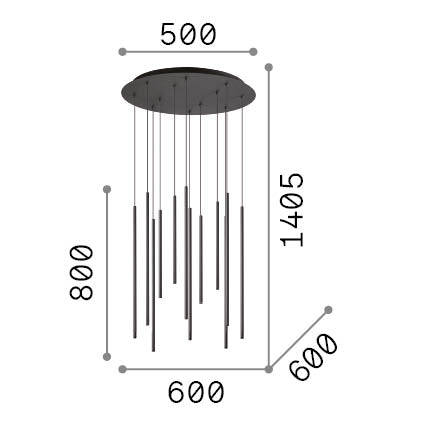Lustră pendul Look LED SP12 rotund picătură D16 On-Off 2700K, negru – desen tehnic cu dimensiuni