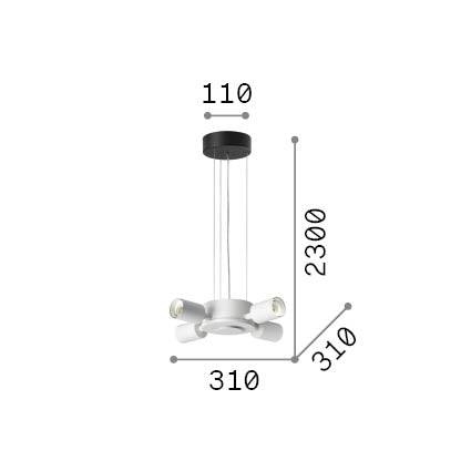 Lustră pendul modulară Set Up MSP4, alamă – desen tehnic cu dimensiuni