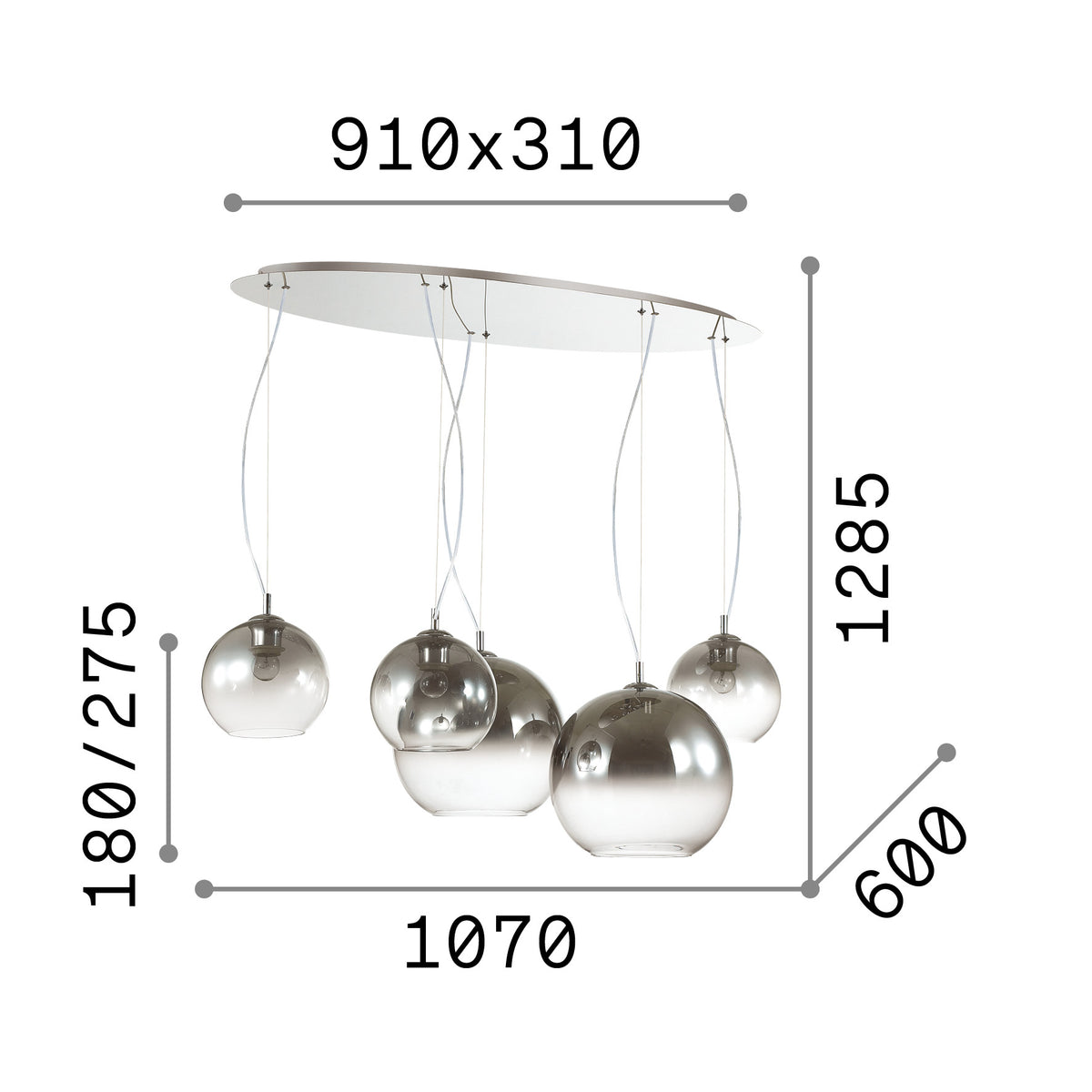 Lustră pendul Nemo SP5, crom nuanțat – desen tehnic cu dimensiuni