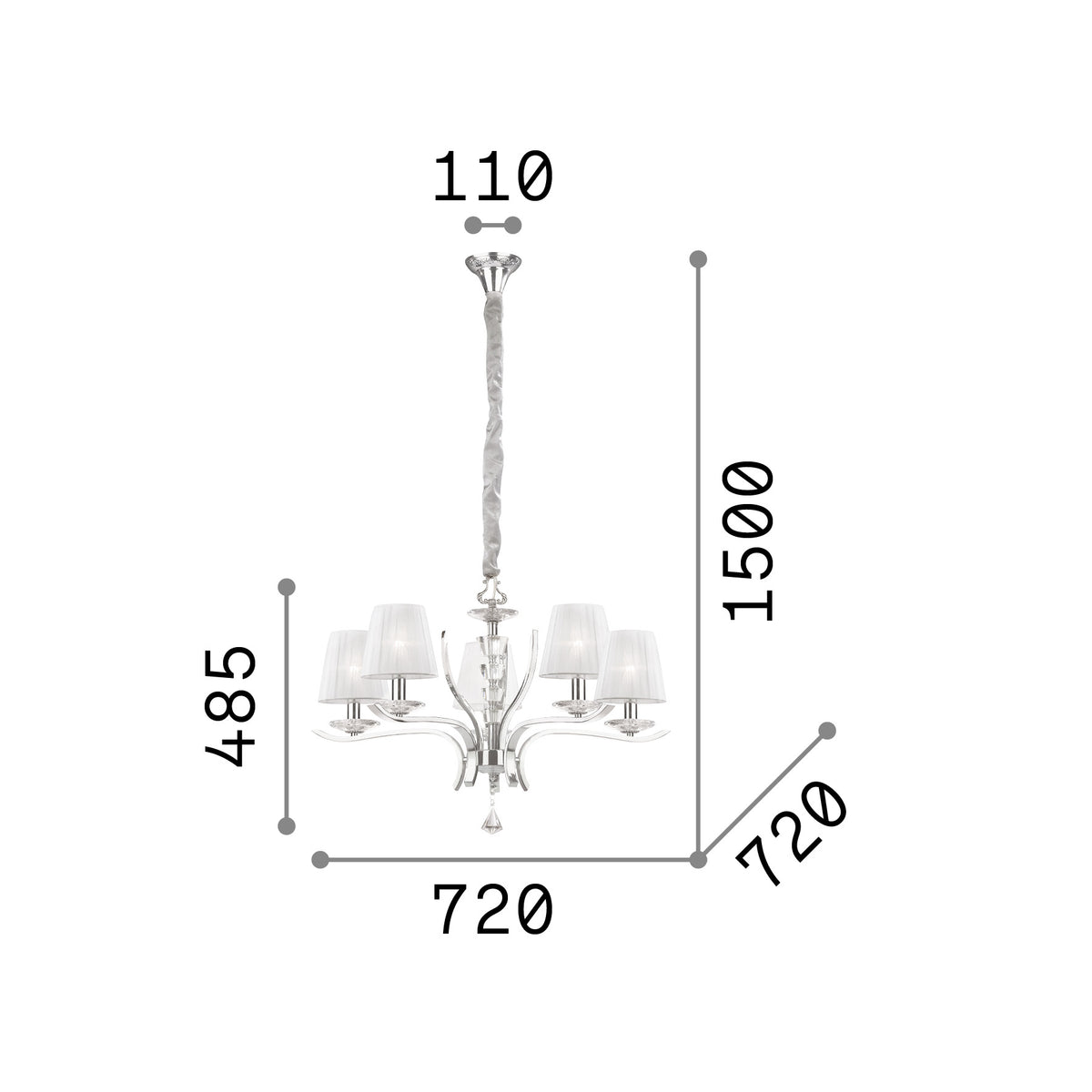 Lustră pendul Pegaso SP5, alamă – desen tehnic cu dimensiuni