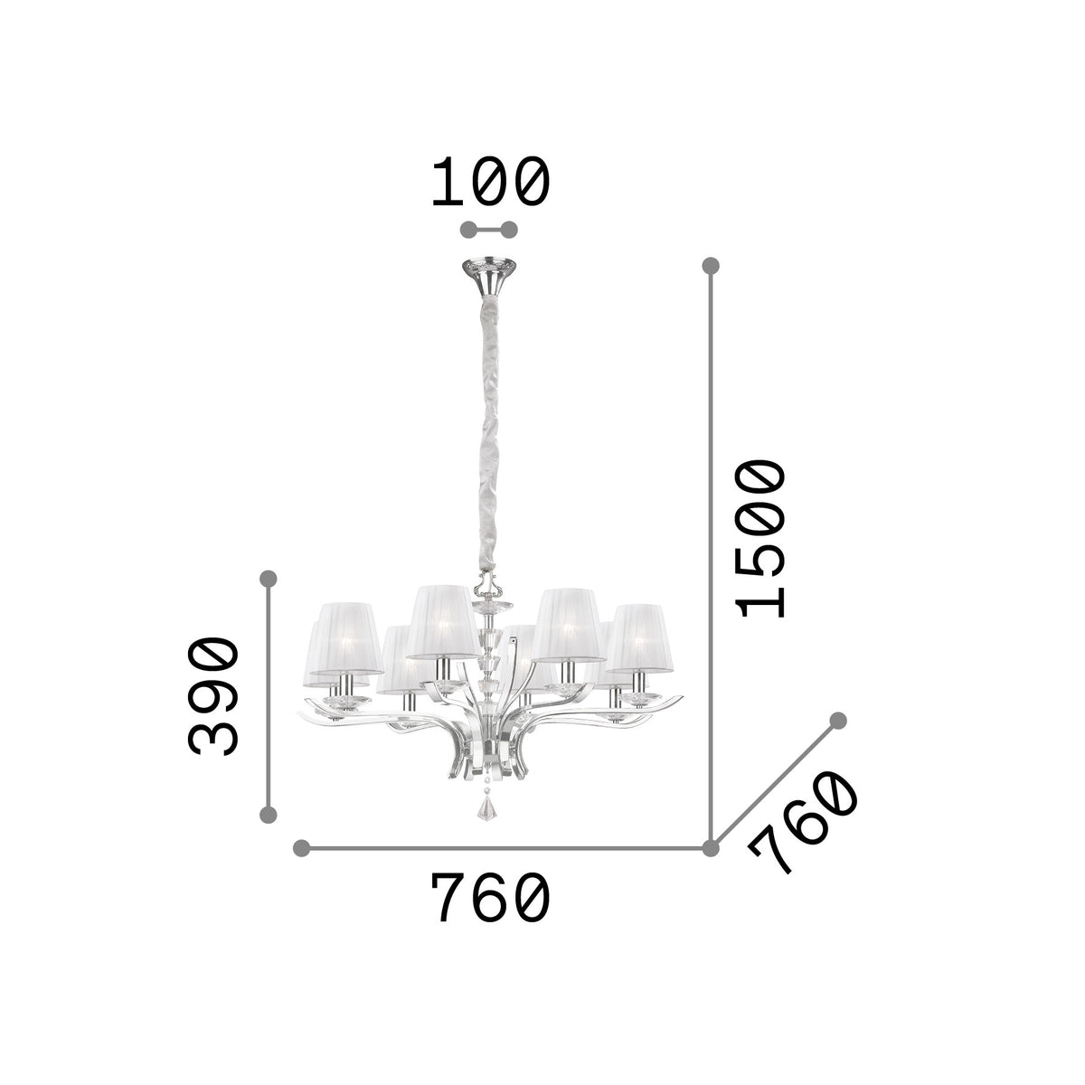 Lustră pendul Pegaso SP8, alamă – desen tehnic cu dimensiuni