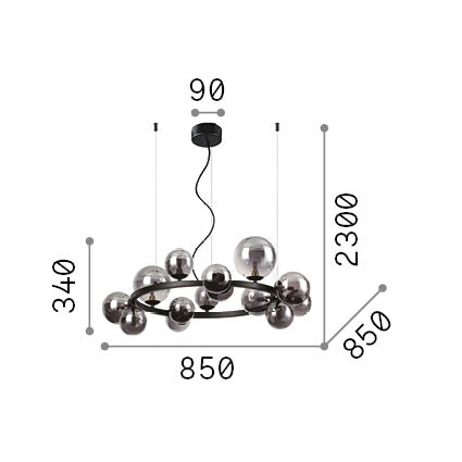 Lustră pendul Perlage SP14, chihlimbar – desen tehnic cu dimensiuni