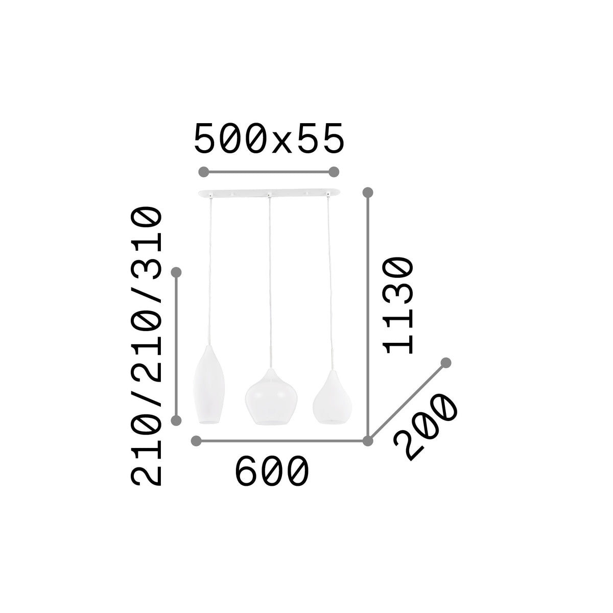 Lustră pendul Soft SP3, fumuriu – desen tehnic cu dimensiuni