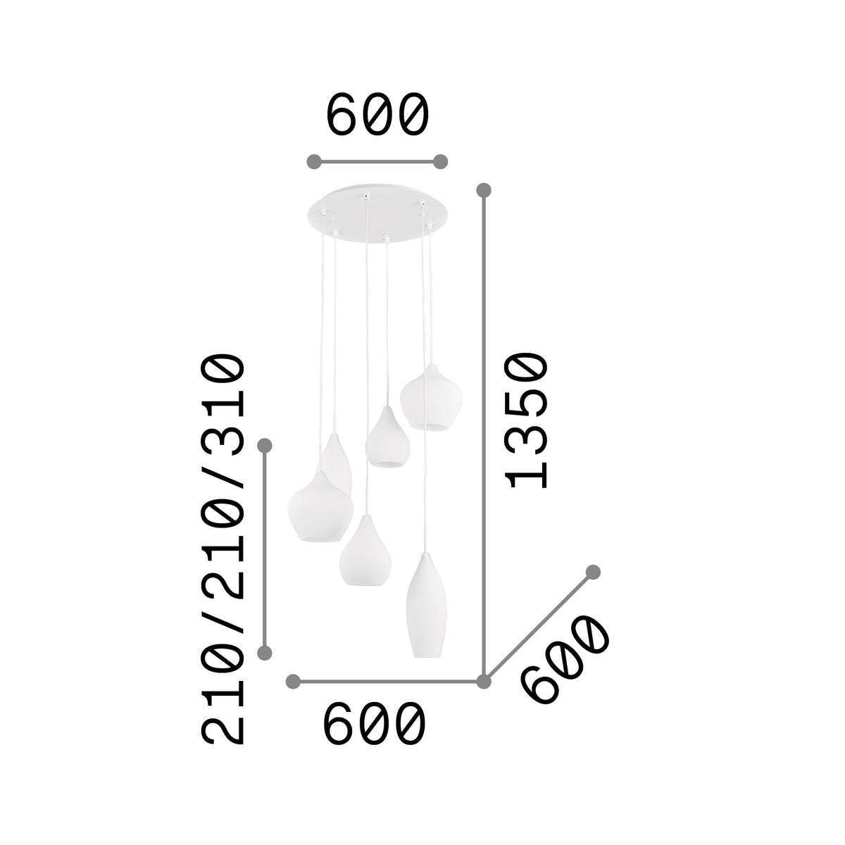 Lustră pendul Soft SP6, alb – desen tehnic cu dimensiuni