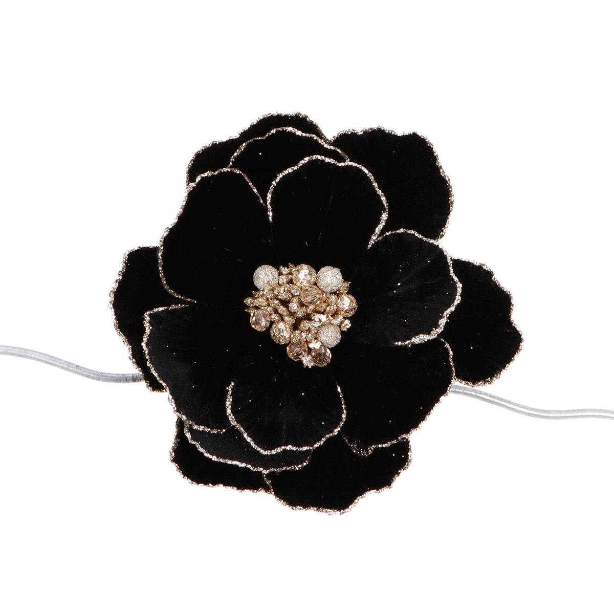 Magnolie din textil cu sclipici și pietre, pe clemă, negru, 25 cm