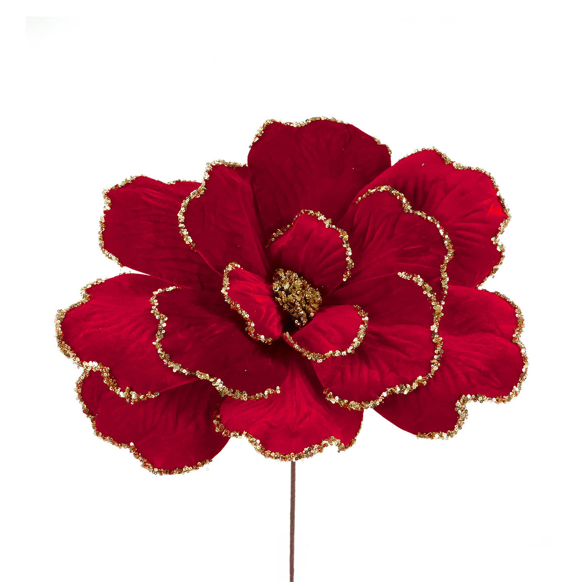 Magnolie gigantică din textil cu sclipici, pe tulpină, roșu/auriu, diametru 45 cm, lungime 50 cm