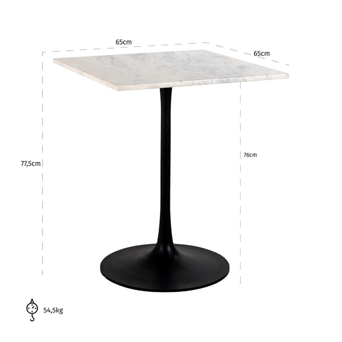 Masă bistro Carlten, negru/alb, 65 x 65 cm – desen tehnic cu dimensiuni
