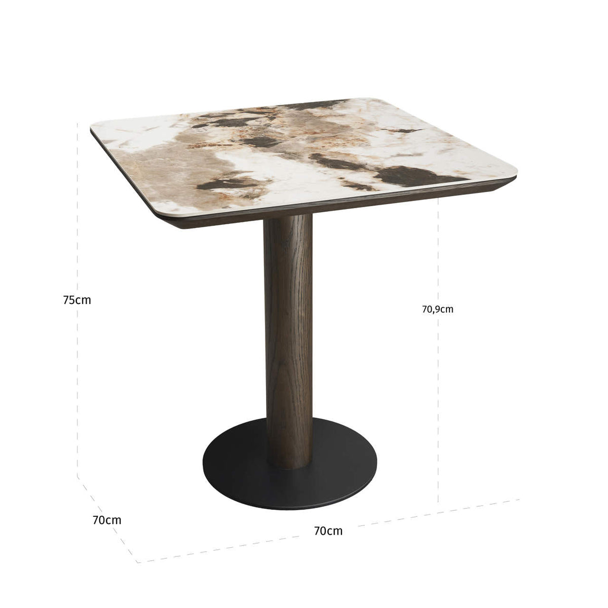 Masă bistro Langford, maro, 70 x 70 cm – desen tehnic cu dimensiuni