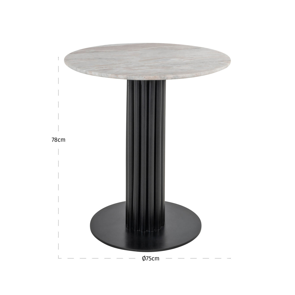 Masă bistro Nyon, blush bej, Ø 75 cm – desen tehnic cu dimensiuni