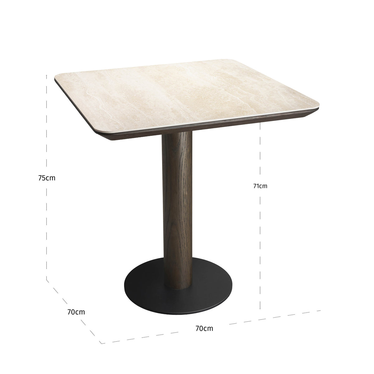Masă bistro Ritz, maro, 70 x 70 cm – desen tehnic cu dimensiuni