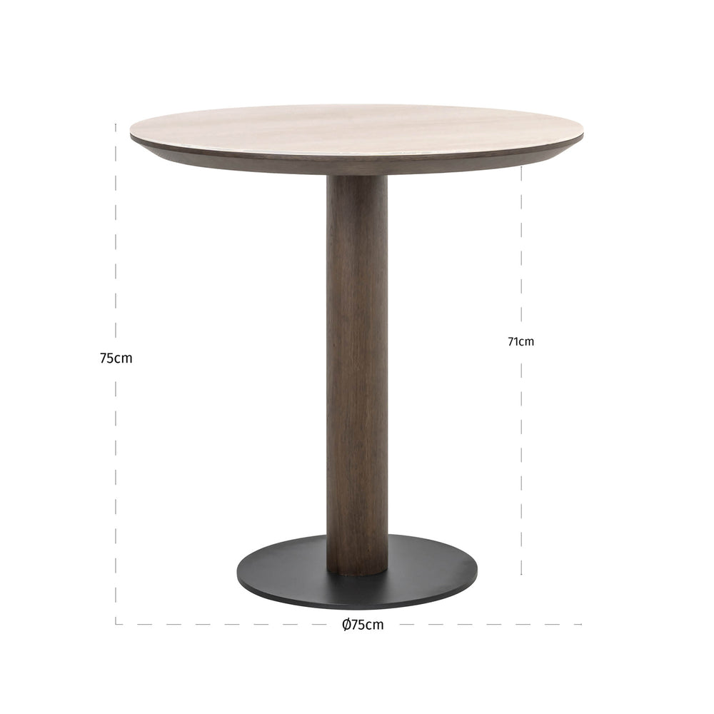 Masă bistro Ritz, maro, Ø 75 cm – desen tehnic cu dimensiuni