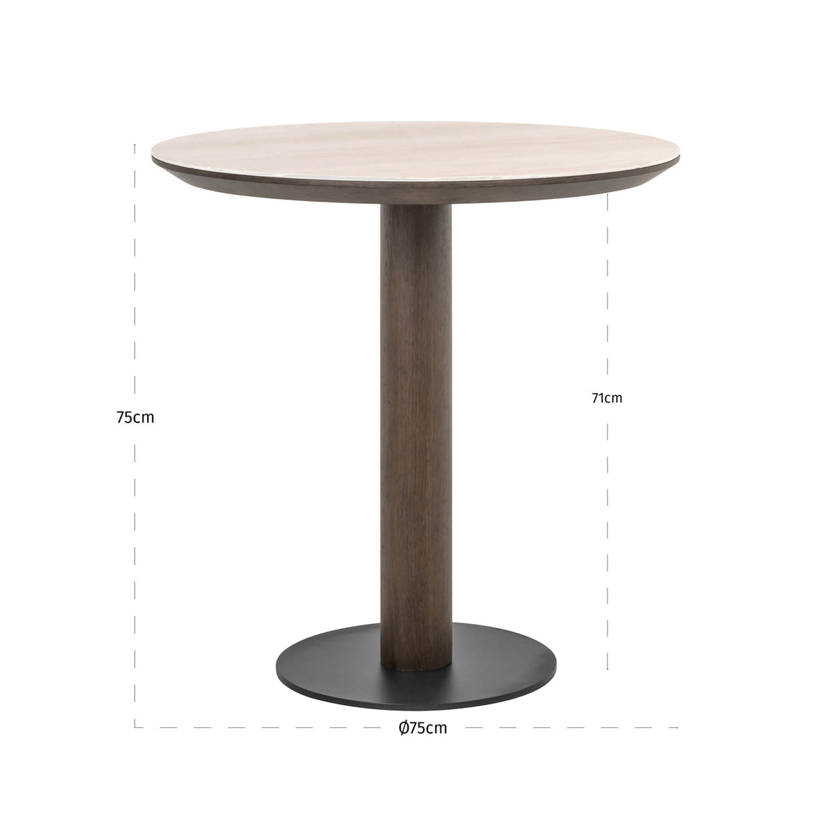 Masă bistro Ritz, maro, Ø 75 cm – desen tehnic cu dimensiuni