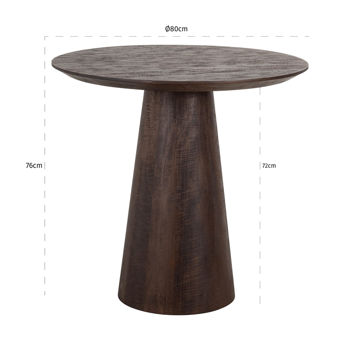 Masă bistro Willow, maro închis, Ø 80 cm – desen tehnic cu dimensiuni