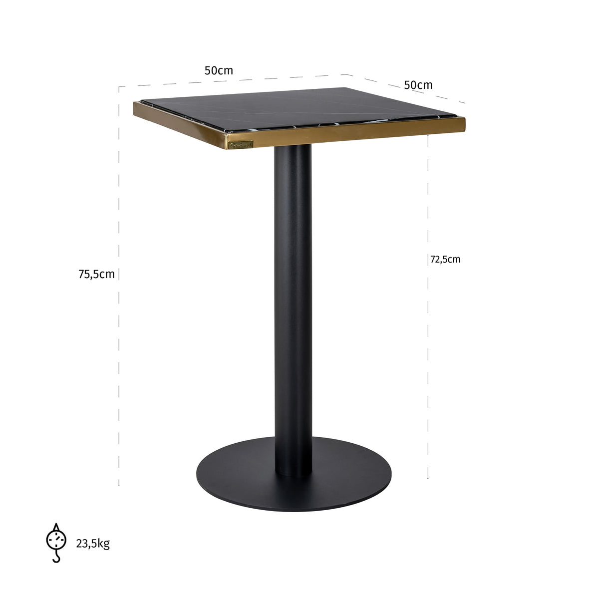 Masă bistro Zenza, negru/auriu, 50 x 50 cm – desen tehnic cu dimensiuni