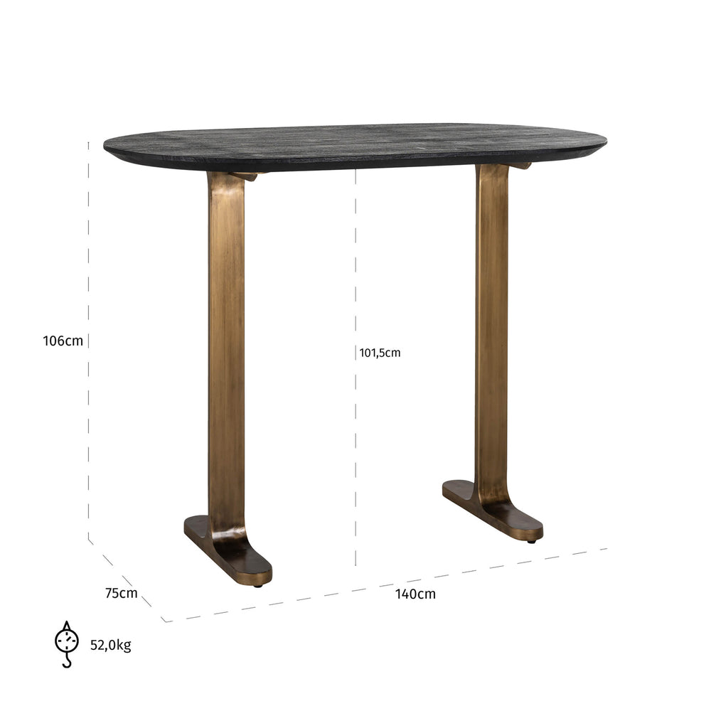 Masă de bar Revelin, negru/auriu, 140 cm – desen tehnic cu dimensiuni