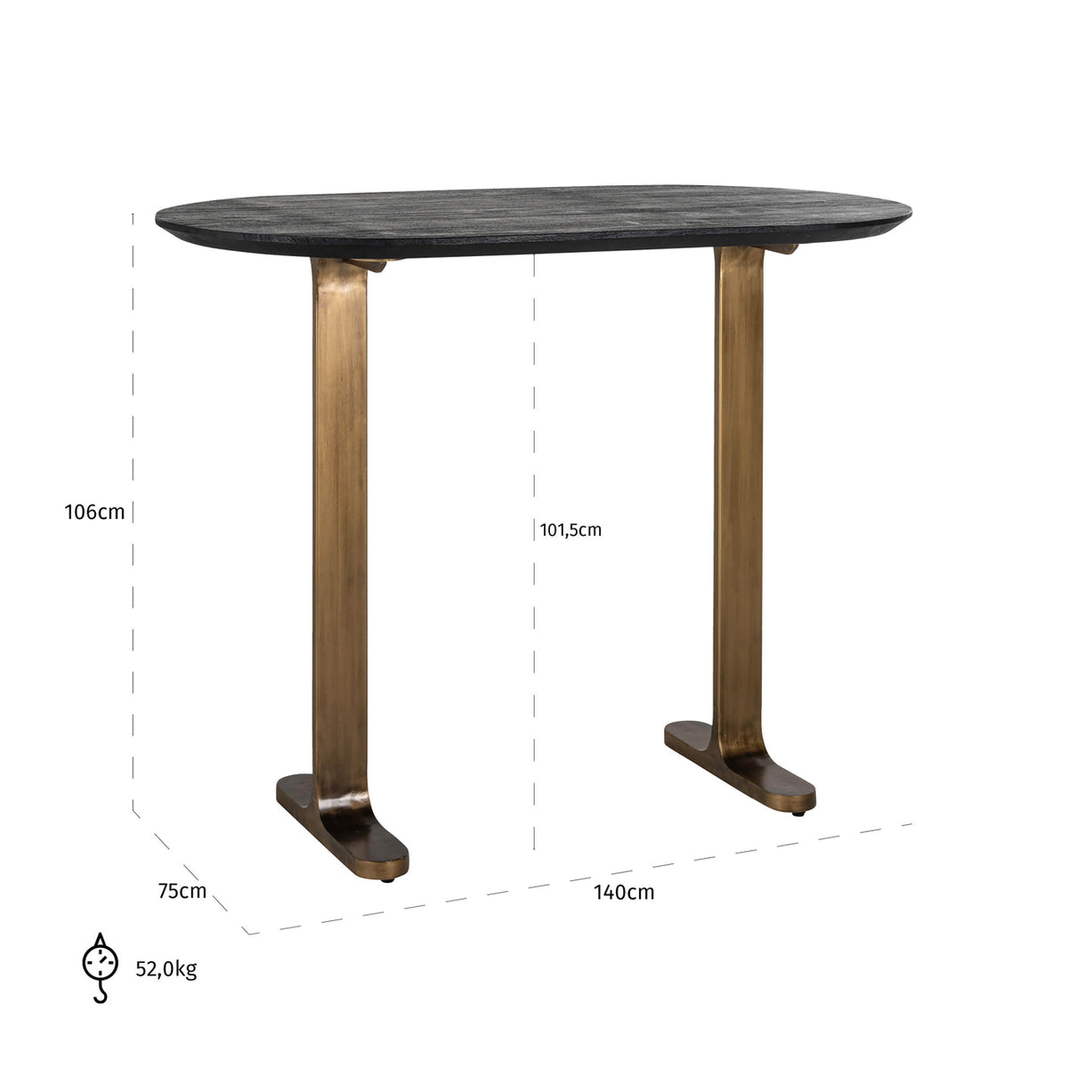 Masă de bar Revelin, negru/auriu, 140 cm – desen tehnic cu dimensiuni