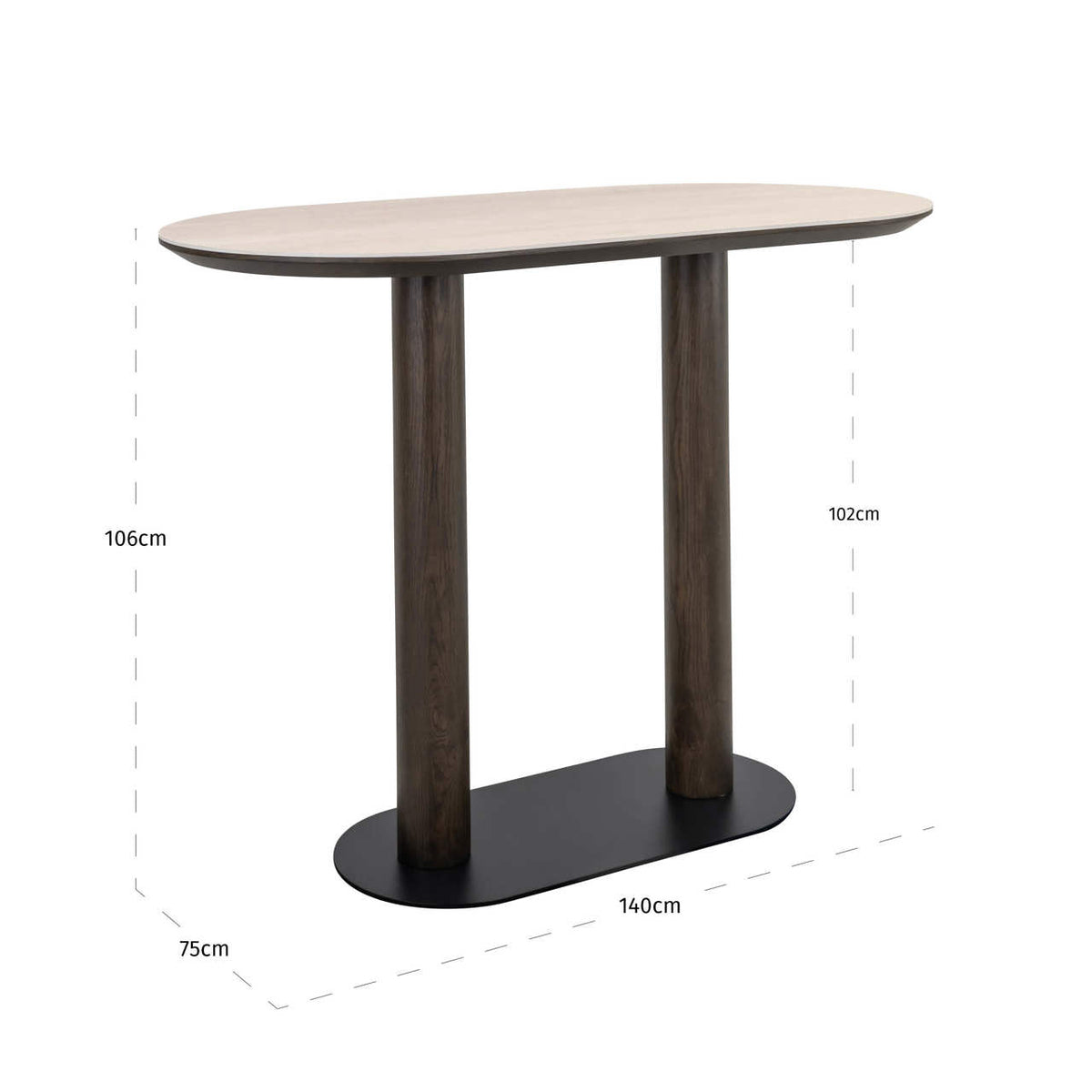 Masă de bar Ritz, maro, 140 cm – desen tehnic cu dimensiuni