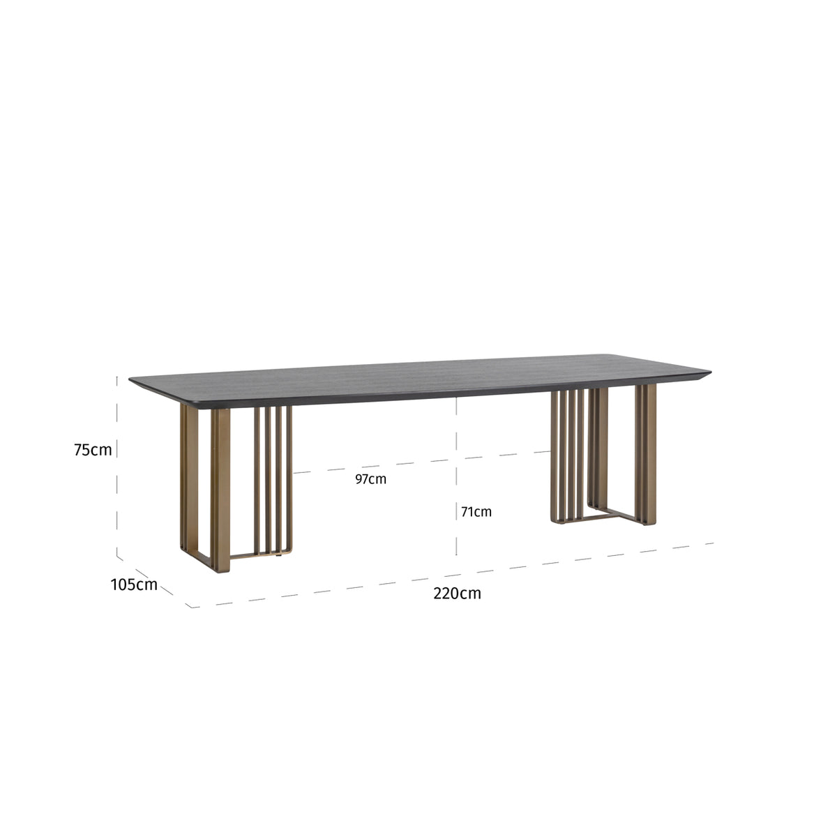 Masă dining Alexander Jones, antracit, 220 cm (Maverick) – desen tehnic cu dimensiuni