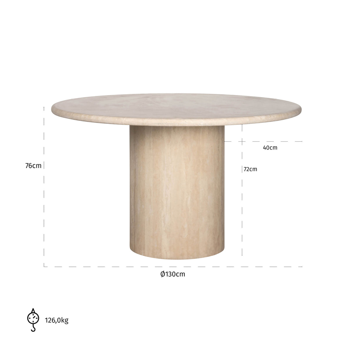 Masă dining Alexander Jones, bej, Ø 130 cm (Renaissance) – desen tehnic cu dimensiuni