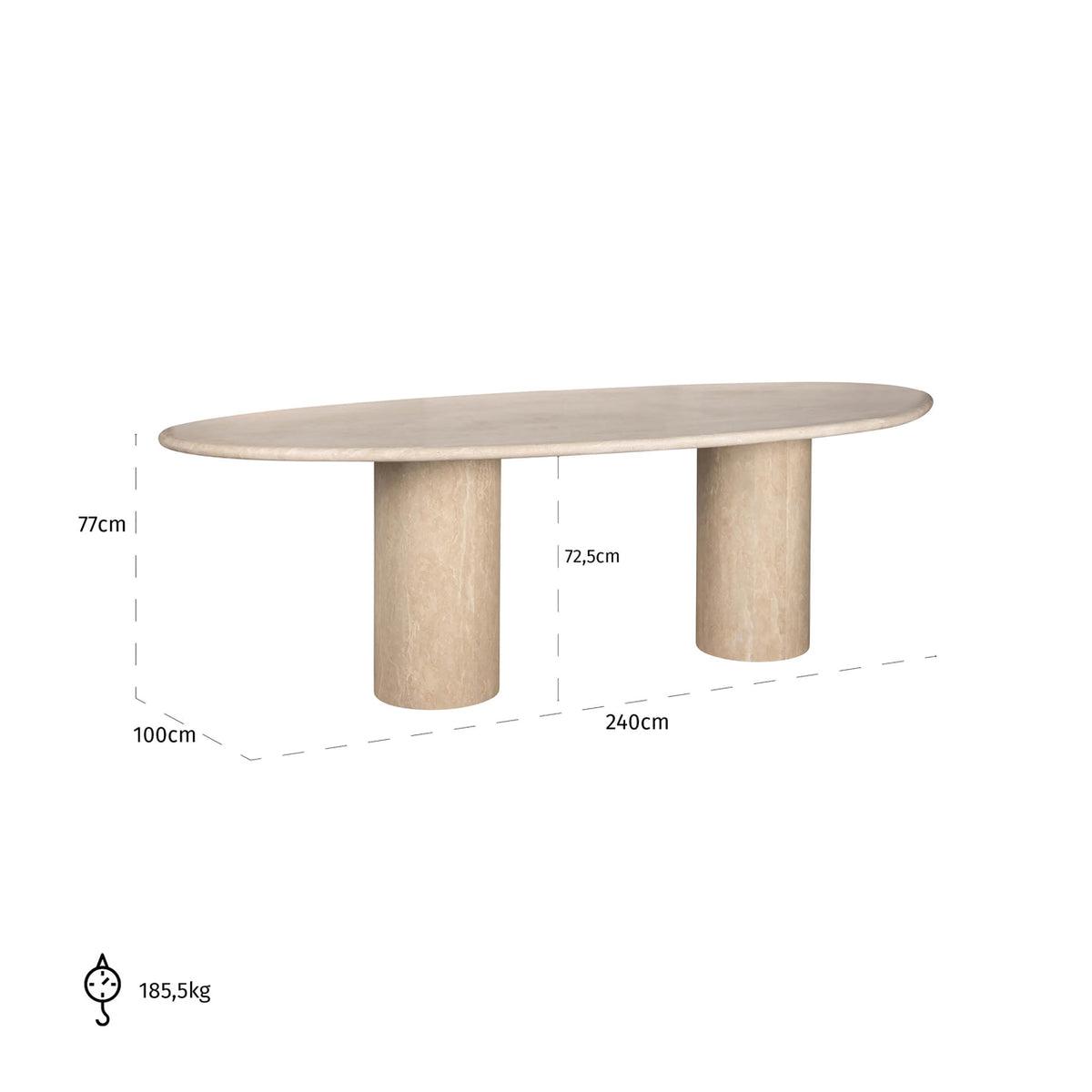 Masă dining Alexander Jones, bej (Renaissance) – desen tehnic cu dimensiuni