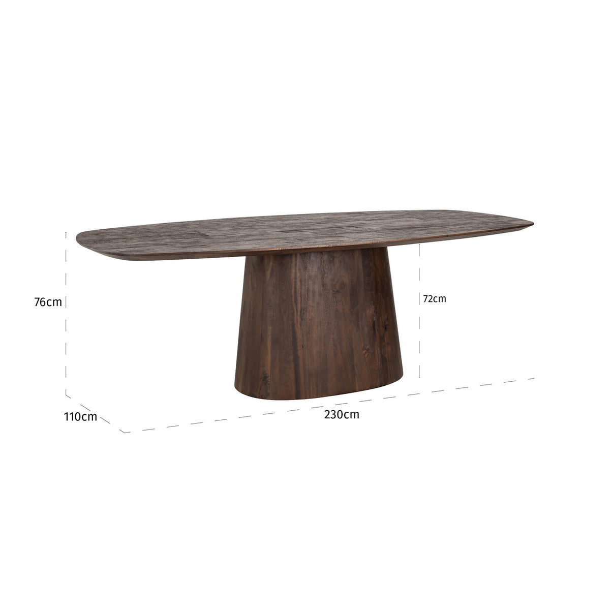 Masă dining Alix, maro închis, 230 cm – desen tehnic cu dimensiuni