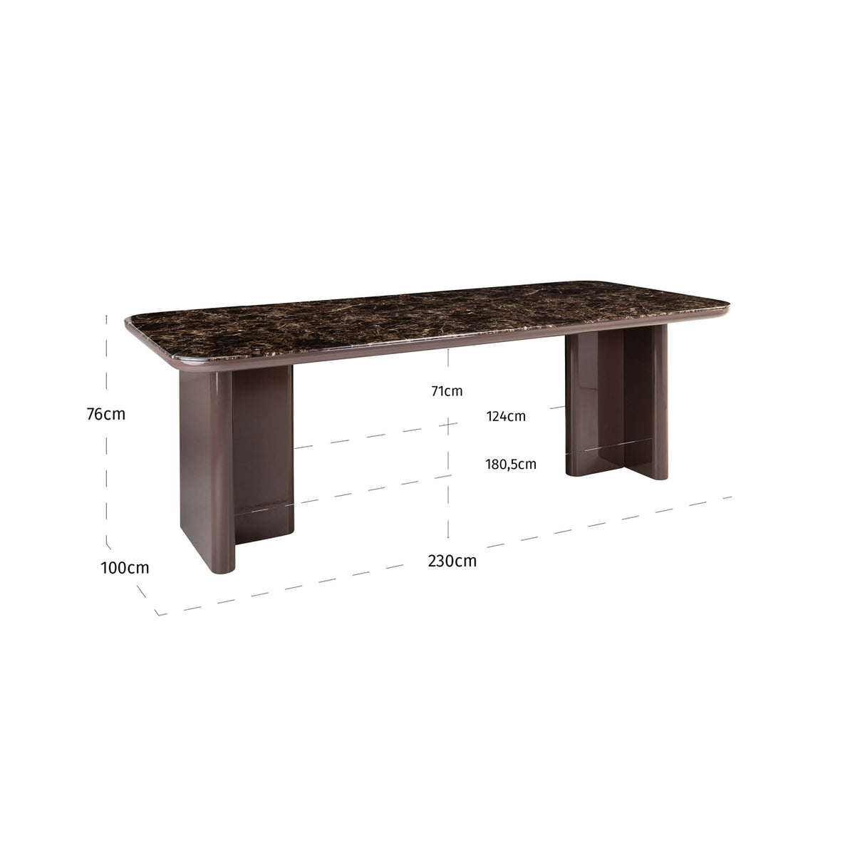Masă dining Almundi, chocolat brown, 230 cm – desen tehnic cu dimensiuni