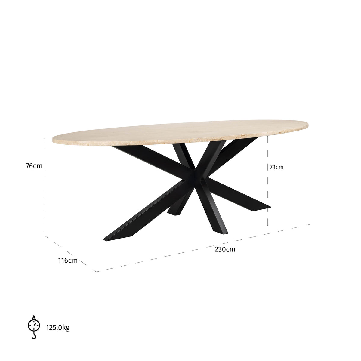 Masă dining Avalon, bronz, oval, 230 cm – desen tehnic cu dimensiuni