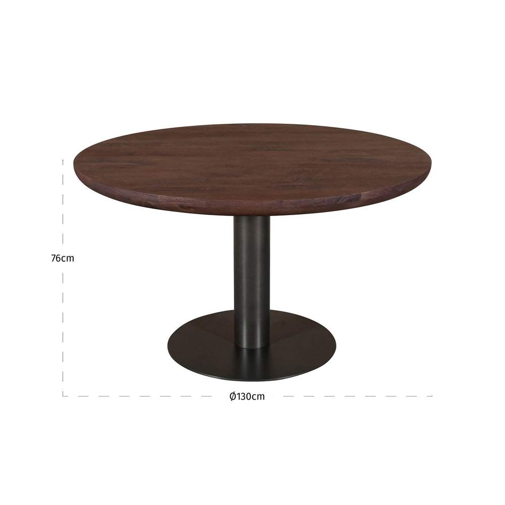 Masă dining Baldwin, spicebrown, Ø 130 cm – desen tehnic cu dimensiuni