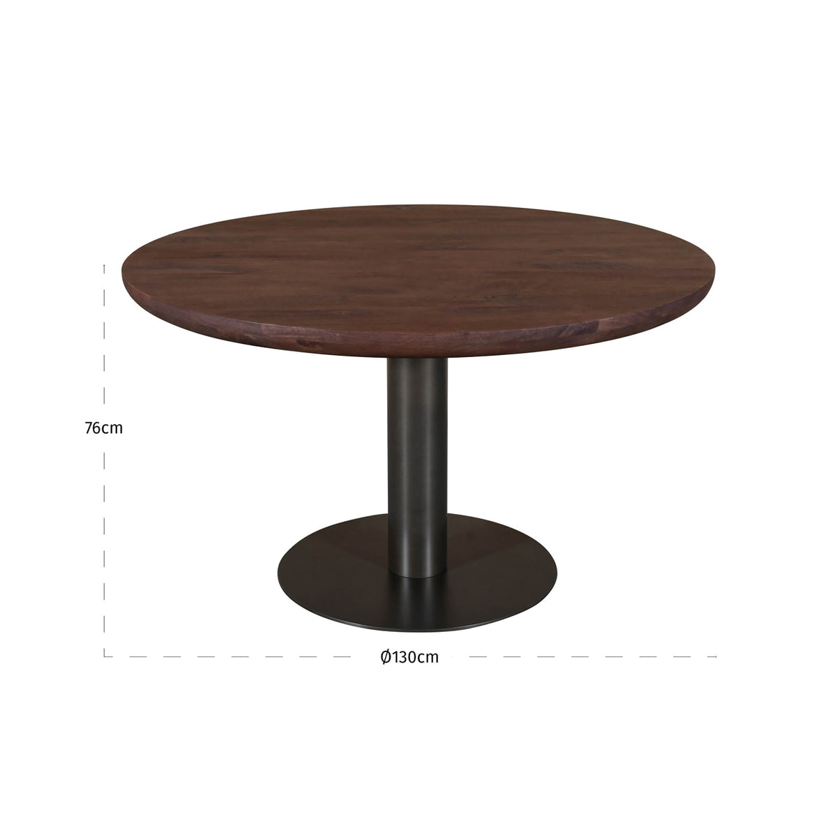 Masă dining Baldwin, spicebrown, Ø 130 cm – desen tehnic cu dimensiuni