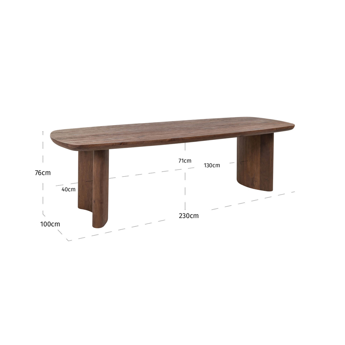 Masă dining Baldwin, spicebrown, 230 cm – desen tehnic cu dimensiuni