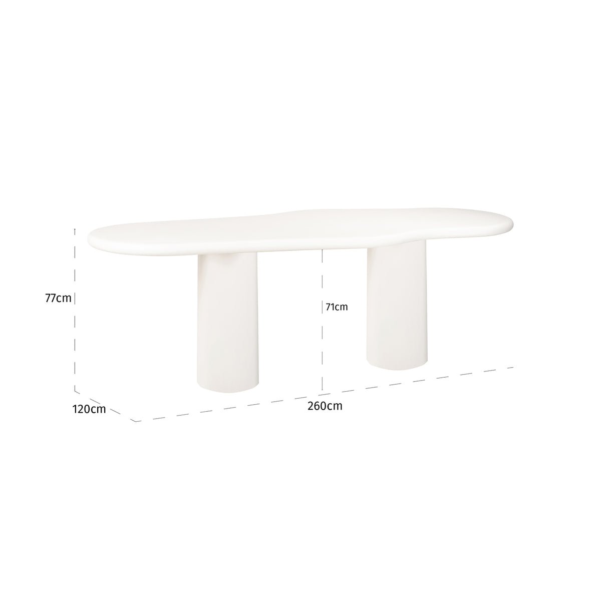 Masă dining Bloomstone, alb, 260 cm – desen tehnic cu dimensiuni