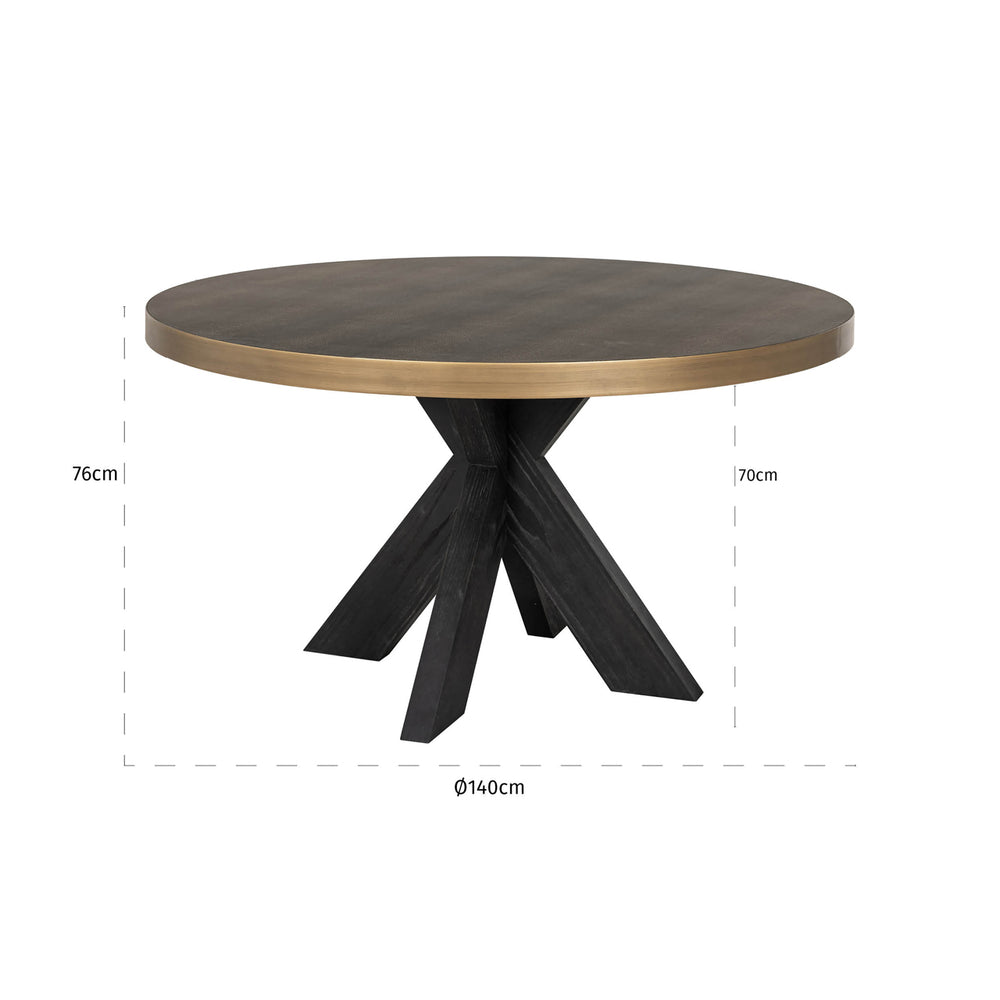 Masă dining Bloomville, alamă șagrin, cu blat de sticlă, Ø 140 cm – desen tehnic cu dimensiuni