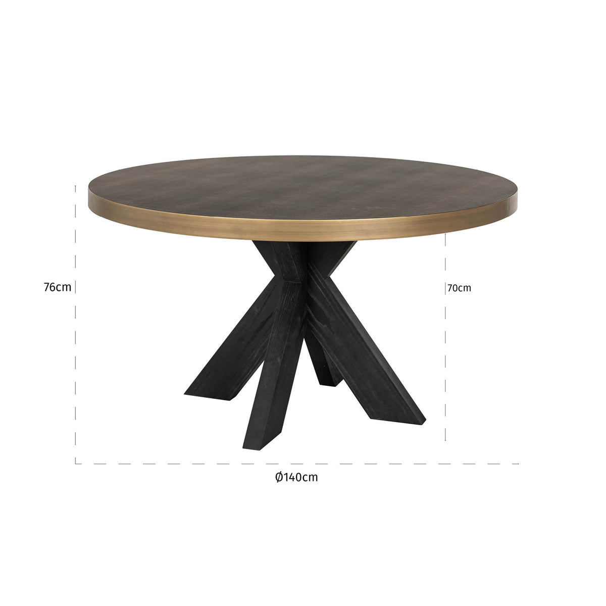 Masă dining Bloomville, alamă șagrin, cu blat de sticlă, Ø 140 cm – desen tehnic cu dimensiuni
