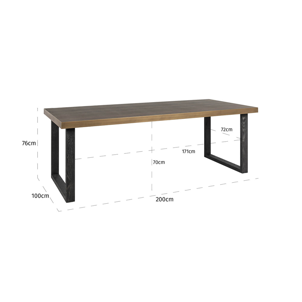 Masă dining Bloomville, alamă șagrin, cu blat de sticlă, 200 cm – desen tehnic cu dimensiuni
