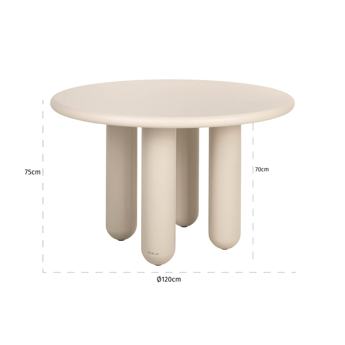 Masă dining Calma, bej, Ø 120 cm – desen tehnic cu dimensiuni