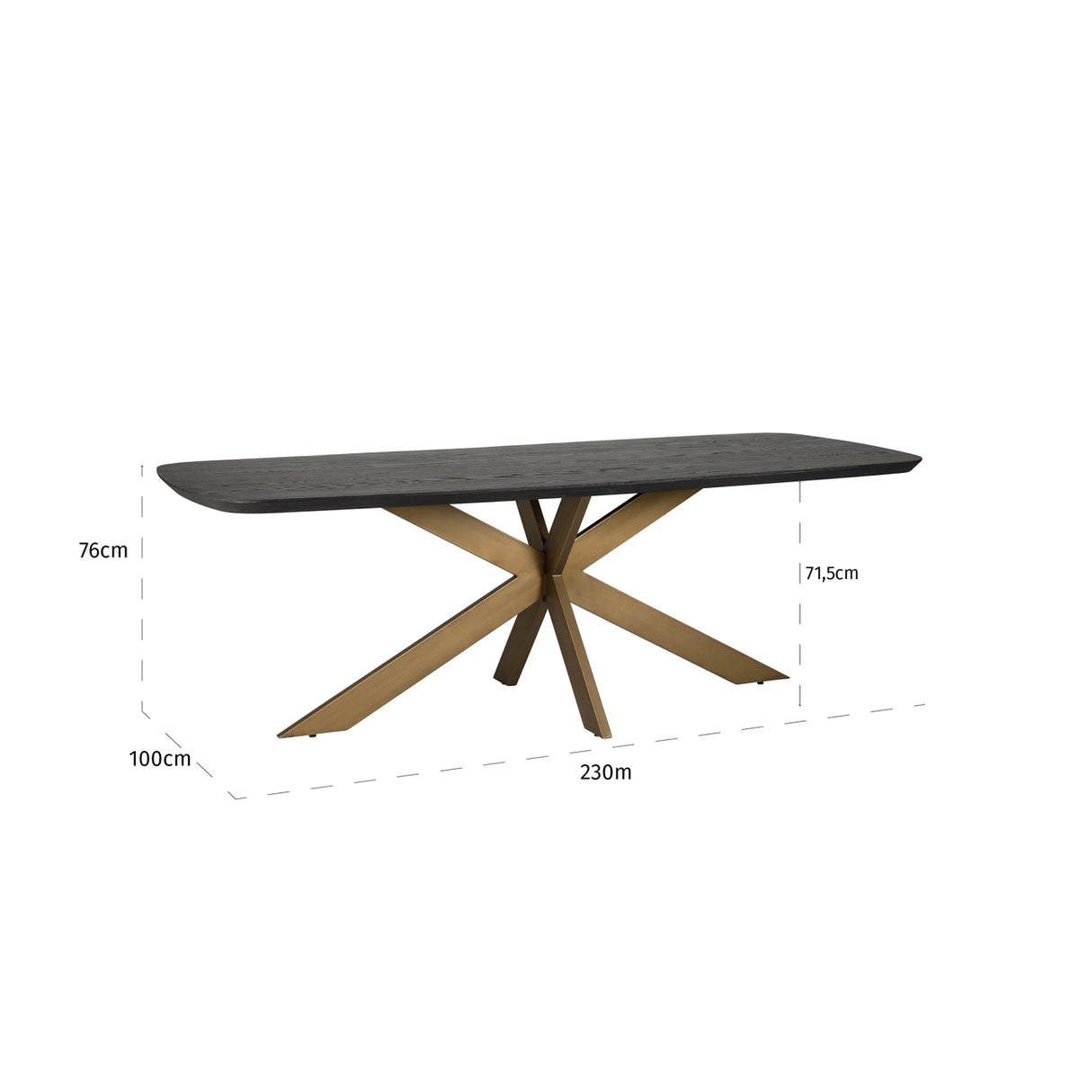 Masă dining Cambon, dark coffee, oval danez, 230 cm – desen tehnic cu dimensiuni