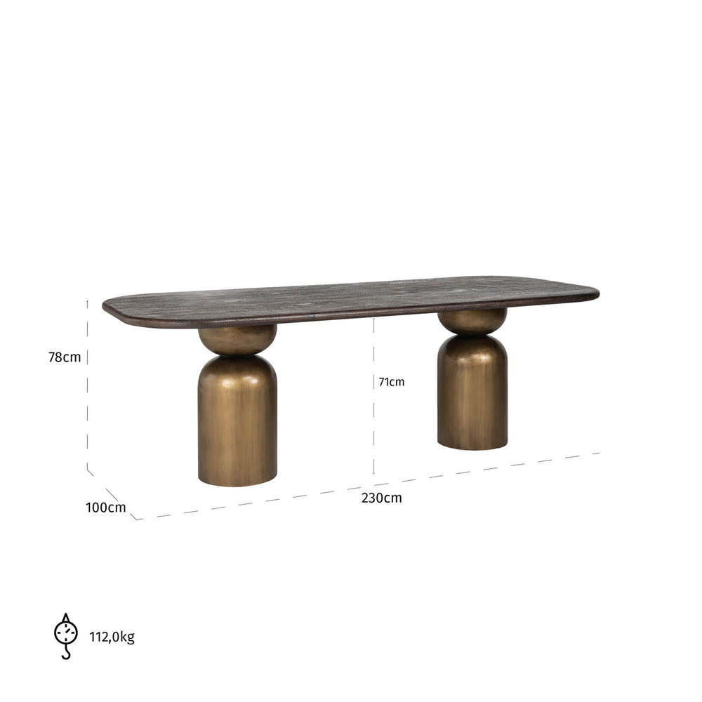 Masă dining Cavo, maro, 230 cm – desen tehnic cu dimensiuni