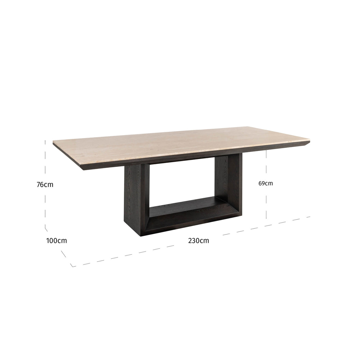 Masă dining Claremont, maro, 230 cm – desen tehnic cu dimensiuni