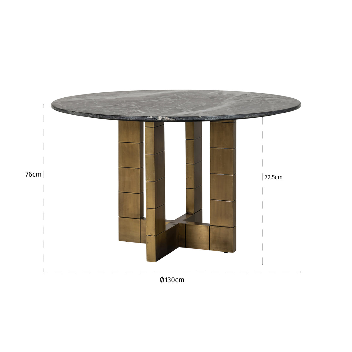 Masă dining Collada, negru/auriu, Ø 130 cm – desen tehnic cu dimensiuni