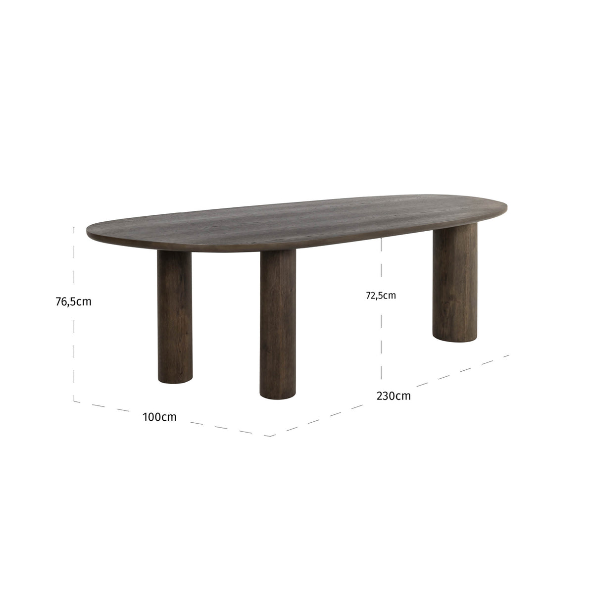 Masă dining Ellington, maro, 230 cm – desen tehnic cu dimensiuni