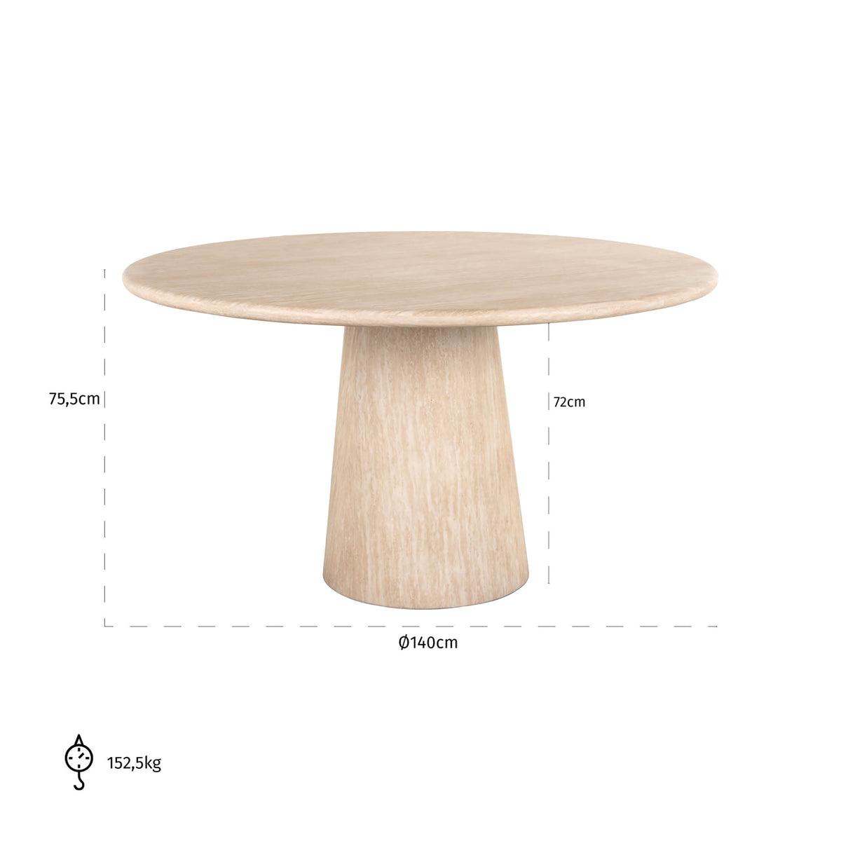 Masă dining Fictus, bej, Ø 140 cm – desen tehnic cu dimensiuni