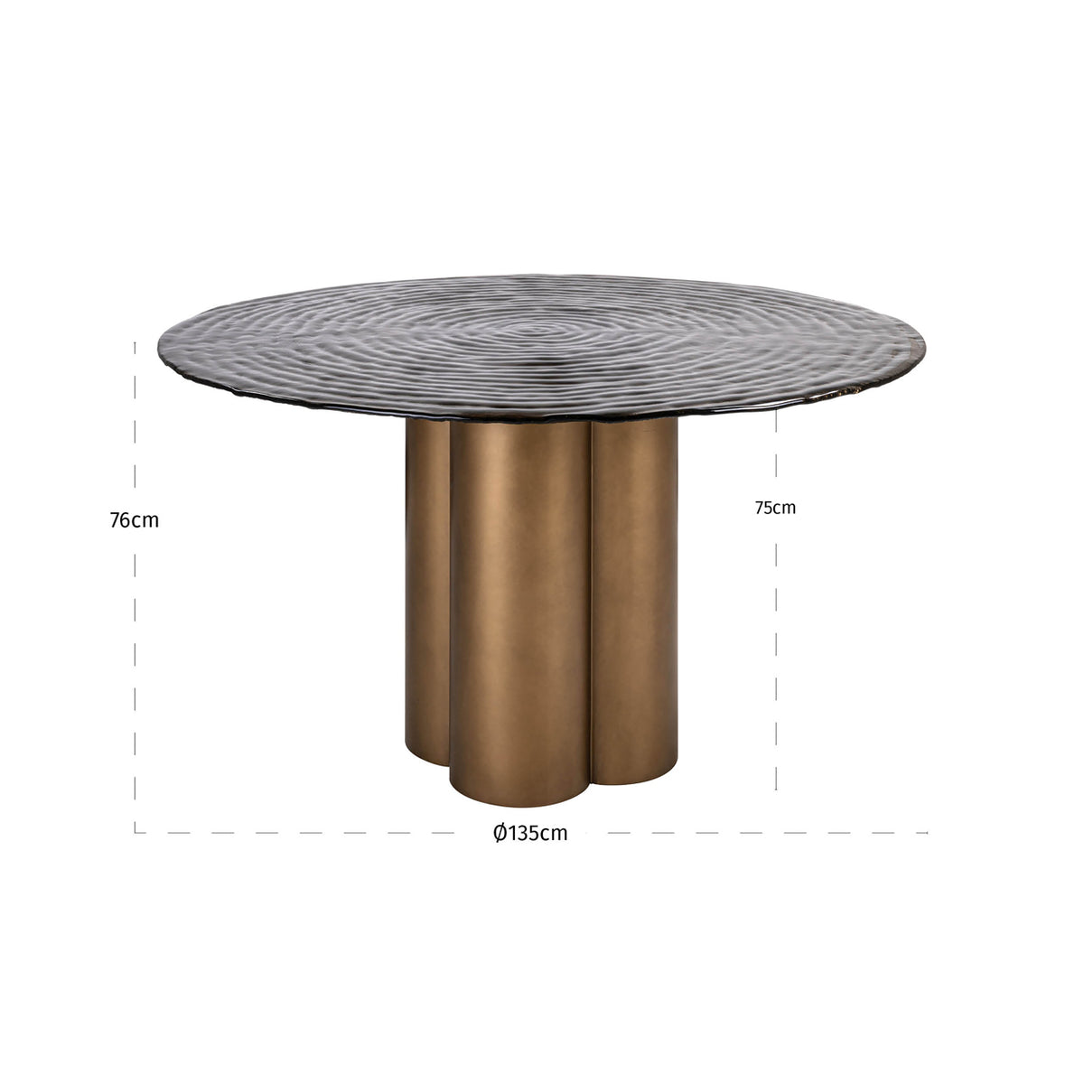 Masă dining Glastonburry, auriu antichizat, Ø 135 cm – desen tehnic cu dimensiuni
