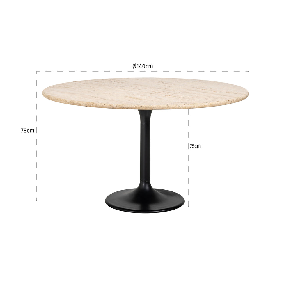 Masă dining Hampton, negru, Ø 140 cm – desen tehnic cu dimensiuni